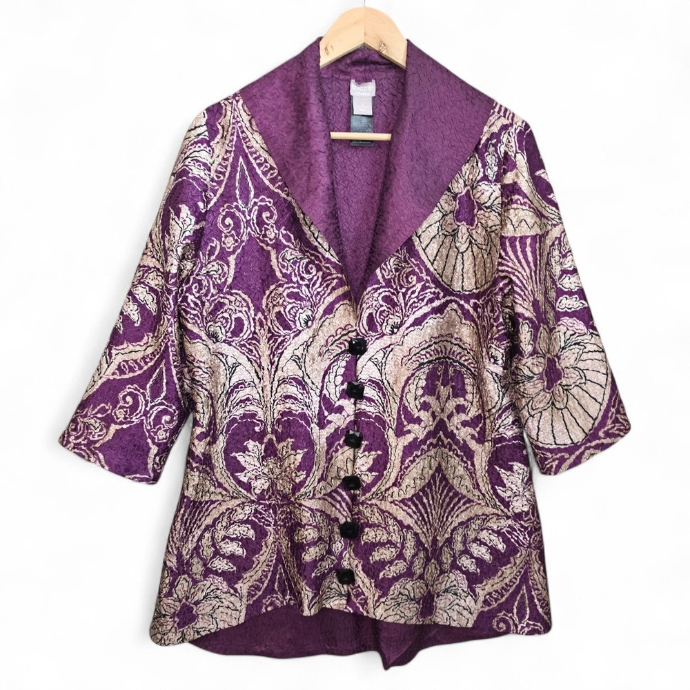 Chicos Travelers Cardigan‎ Womens 0 US Small Purple Crinkle Button 3/4 Sleeve